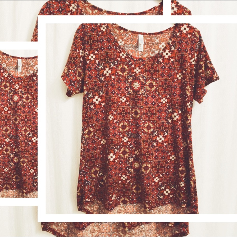 Lularoe Irma Top - Red and Neutral Moroccan Print
